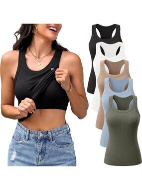 5 Pack Women's Racerback Tank Tops with Built-in Bra, Ribbed Style, Comfortable